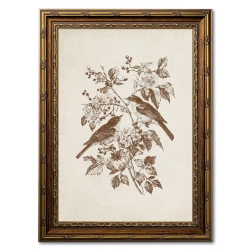 Vintage Botanical Bird Wall Art Canvas with Gold Frame 9x12 Inch