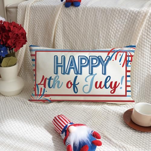 Patriotic 4th of July Throw Pillow Cover, 12x20 Inch Stripe Cushion Case