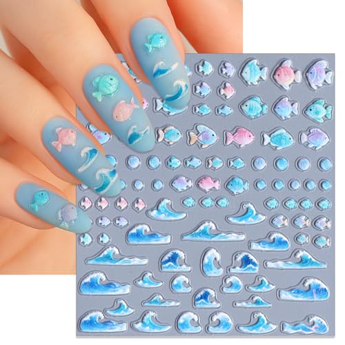 IDDFEVE 5D Embossed Summer Nail Stickers - Tropical Beach Palm Tree & Wave Decals (2 Sheets)