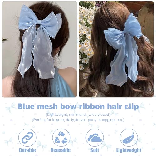 AEGYPIUS Large Light Blue Hair Bow with Long Tail Satin Ribbon Clip