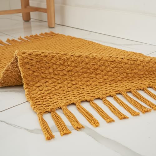 KIBAGA Set of 2 Mustard Boho Bathroom Rugs - Soft Cotton, Non-Slip, Washable