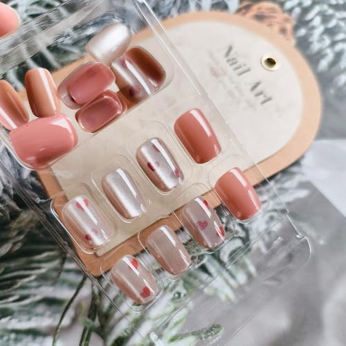 Short Square Heart Press on Nails Nude Glossy Gradient False Nails