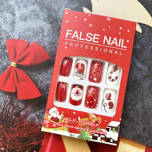 KKUUOO Christmas Press on Nails Square Glossy False Nails Santa Claus Design