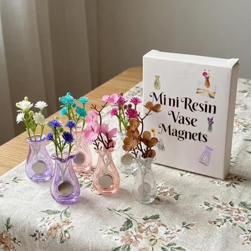 Frayot 6Pcs Mini Vase Magnets for Fridge - Purple, Pink & Clear 3D Decor