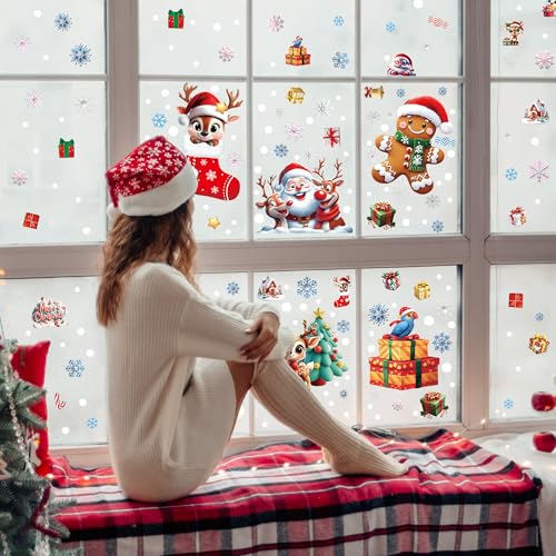 Christmas Window Stickers 6 Sheets 173pcs Reusable Static Clings Santa Gingerbread Snowflakes