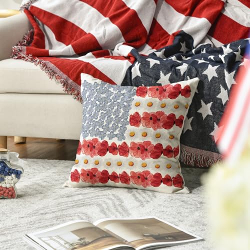 AVOIN colorlife 18" x 18" Patriotic Poppy Floral Pillow Cover for Independence Day