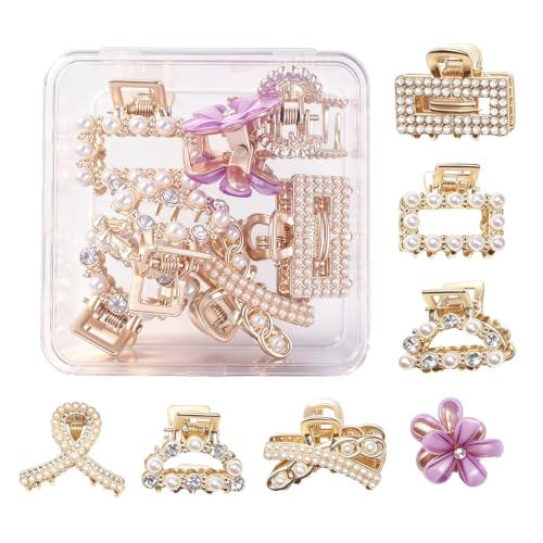 FADUIIO 7Pcs Mini Metal Hair Claw Clips with Pearls & Rhinestones