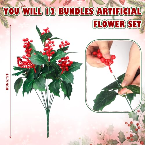 Artificial Christmas Poinsettia Flowers with Berry Stems Set - 12 Pieces