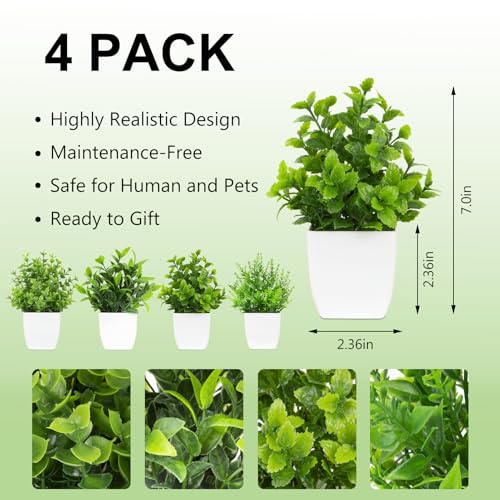 Mini Artificial Plants - Set of 4 Potted Faux Greenery for Home & Office Decor