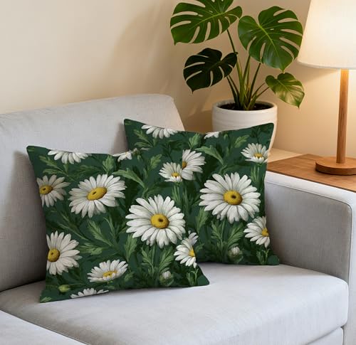 WitHero Dark Green Daisy Throw Pillow Covers, 18x18 Inch Floral Set of 2