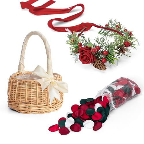 Christmas Red Artificial Flower Basket Set with Rose Petals & Flower Crown - Wedding Decor