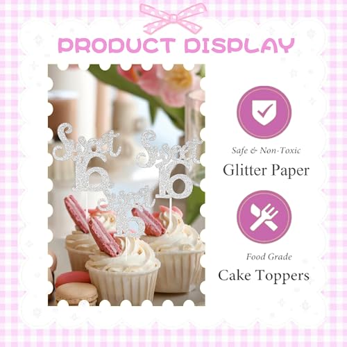 ZIRVELANO 12 Pcs Silver Glitter Sweet 16 Cupcake Toppers Number 16 Cake Decor