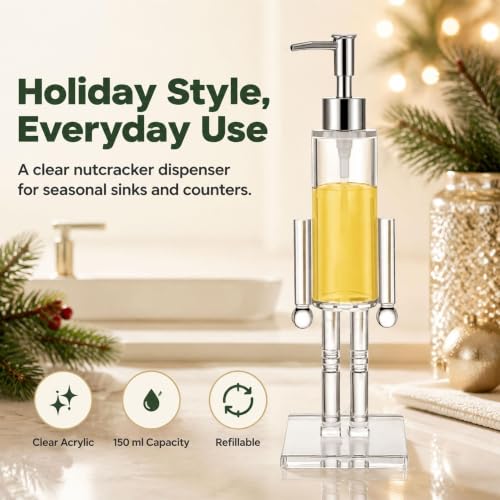 Nutcracker Soap Dispenser - Clear Acrylic Christmas Pump Bottle for Hand & Dish Liquid