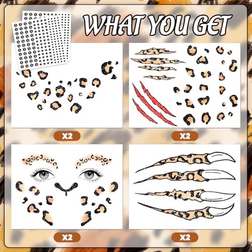Cerlaza Halloween Leopard Face Paint Temporary Tattoos and Black Gems Kit