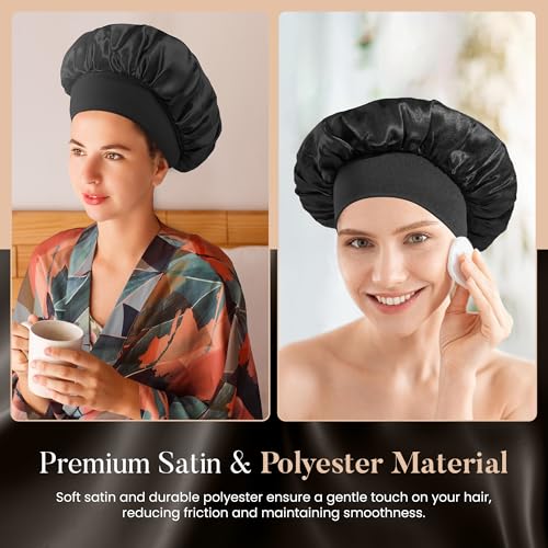 Merdia 2 PCS Satin Hair Bonnet for Sleeping and Shower Cap Black 11.8 Inch