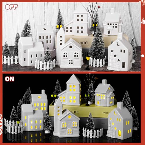Porcelain Christmas Village Set with 6 Lighted Houses, Trees & Accessories
