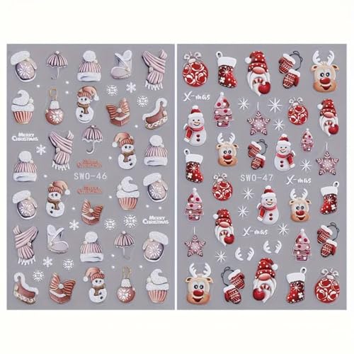 FRUZJAY 5D Embossed Christmas Nail Art Stickers Winter Decals 2 Sheets