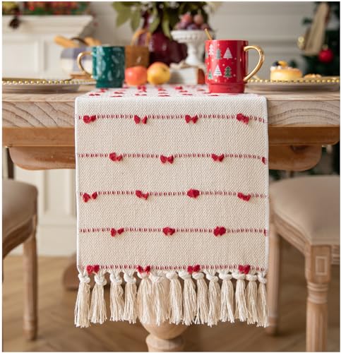 Caflife Christmas Table Runner 13x72 Inch Boho Red & Beige Cotton with Tassels