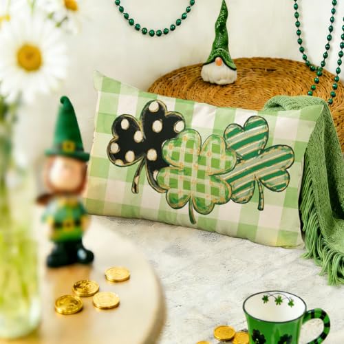 St. Patrick's Day Clover Buffalo Plaid Pillow Cover - 12x20 Waterproof