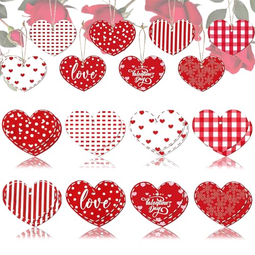 16Pcs Wooden Valentine Heart Ornaments Red White Plaid Hanging Decor
