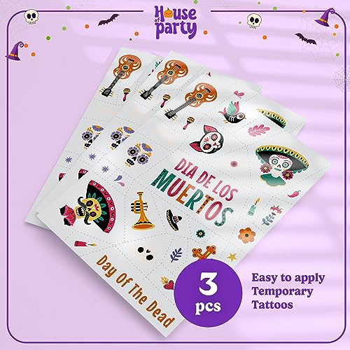 HOUSE OF PARTY Day of the Dead Temporary Tattoos - 87 Pack Waterproof Kids Halloween Party Favors