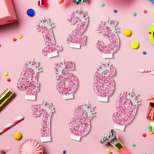 AndiluluBear Pink Number 3 Birthday Candle with Glitter Crown - Princess Cake Topper