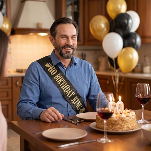 60th Birthday King Sash for Men - Black & Gold Party Decoration