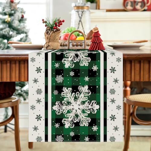 Snowflakes Christmas Table Runner Green Black Plaid Farmhouse Holiday Decor 13x48 Inch