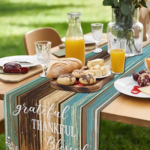 Farmhouse Blue Teal Table Runner 13 x 90 Inches Waterproof Linen for Thanksgiving