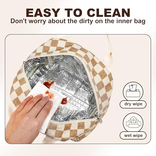 LEDAOU Insulated Corduroy Lunch Bag - Brown Checkered Small Lunch Tote