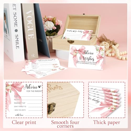 50 PCS Pink Bow Baby Shower Advice Cards with Wooden Keepsake Box