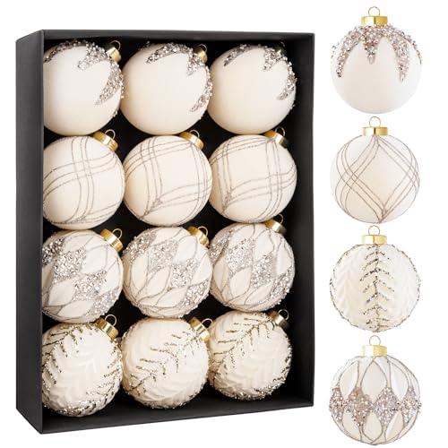 Nervure 12PCS Velvet Christmas Ornaments - Beige Glitter Balls