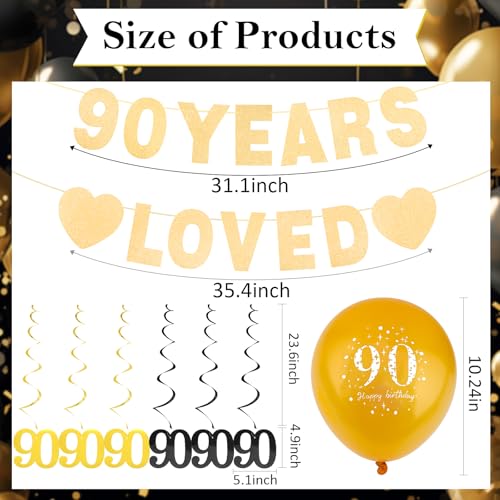 90th Birthday Decorations Set - Gold Banner, Balloons & Swirls