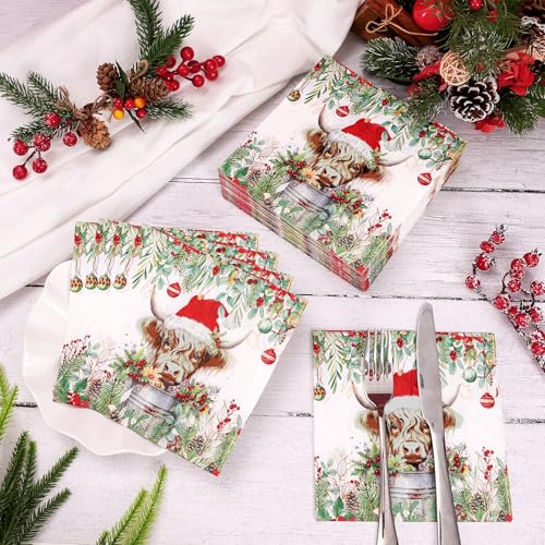 Christmas Highland Cow Paper Napkins - Disposable Holiday Party Decor 80 pcs
