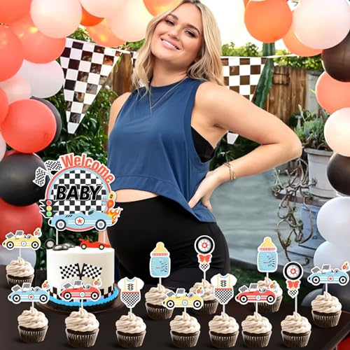 Vintage Race Car Baby Shower Cake Topper Set - 1 Cake Topper & 24 Cupcake Toppers