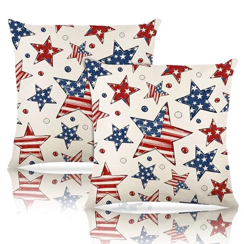 4th of July Patriotic Throw Pillow Covers 18x18, Set of 2 Stars Design