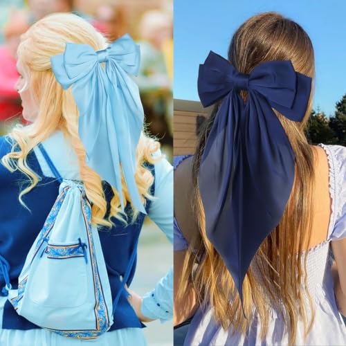 JOYRUBY 2PCS Silky Satin Blue Hair Bows with Long Tail French Barrettes