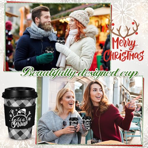 Christmas Buffalo Plaid Coffee Cups Set 16 oz - Black & White with Lids, Sleeves & Straws