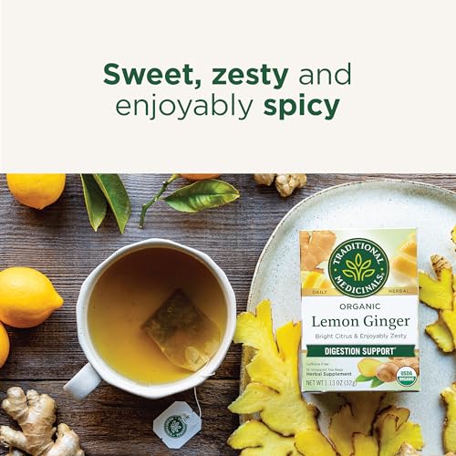 Traditional Medicinals Organic Lemon Ginger Tea Bags, 16 Count - Supports Digestion, Caffeine-Free, Non-GMO