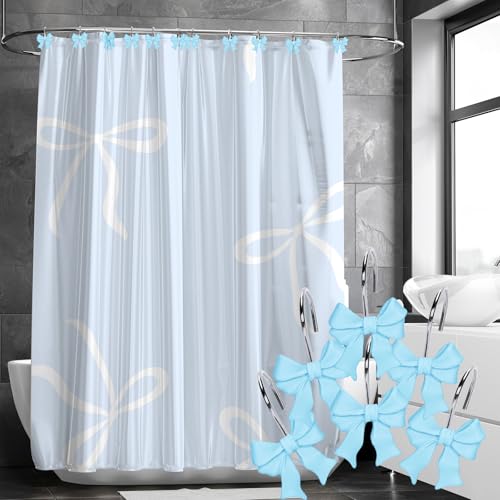 Whaline 12 Pcs Blue Bow Shower Curtain Hooks - Cute Resin Rings