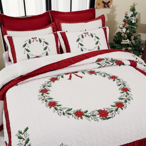 King Size Poinsettia Floral Bedspread Set with 2 Pillow Shams - Reversible Christmas Bedding