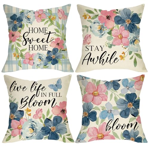Fjfz Navy Flower Throw Pillow Covers 18x18 Set of 4 Cotton Linen