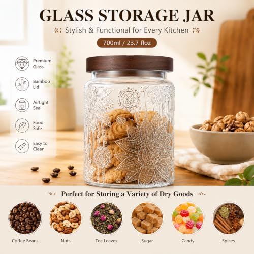 Custde 23.7 oz Vintage Sunflower Glass Jar with Airtight Wooden Lid