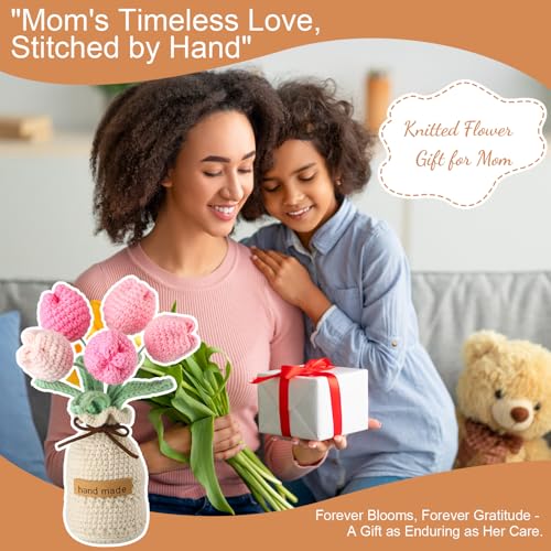 Crochet Tulip Bouquet Set - 4 Handmade Spring Flower Arrangements with Vase - 7 Inch