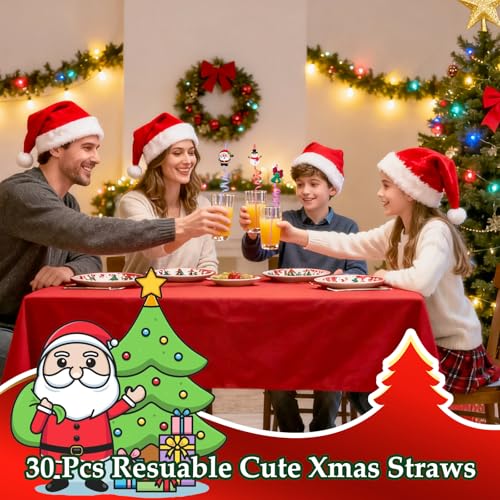 Reusable Christmas Party Straws with Decorations - 30 Pack