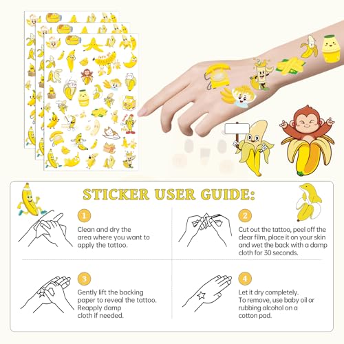 Cute Banana Temporary Tattoos for Kids Birthday Party Favors 8 Sheets