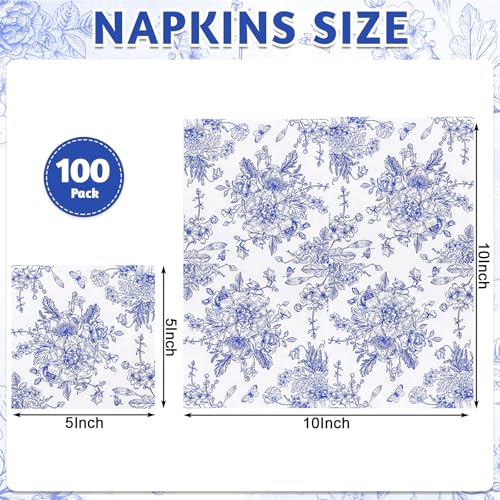 NatNarr 100 Pack Blue Floral Cocktail Napkins - Vintage Chinoiserie Design for Weddings & Showers
