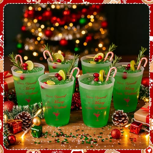Christmas Cocktail Plastic Cup Set - Frosted Red Party Cups with Funny Frosted Cup Variation