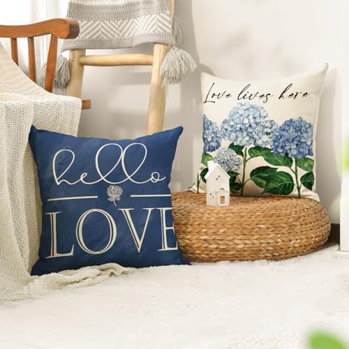 Hello Love Blue Hydrangea Throw Pillow Covers - Set of 4, 18x18