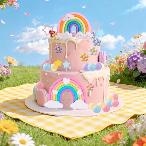 39-Piece Rainbow Cake Topper Set with Pastel Balls & Flowers